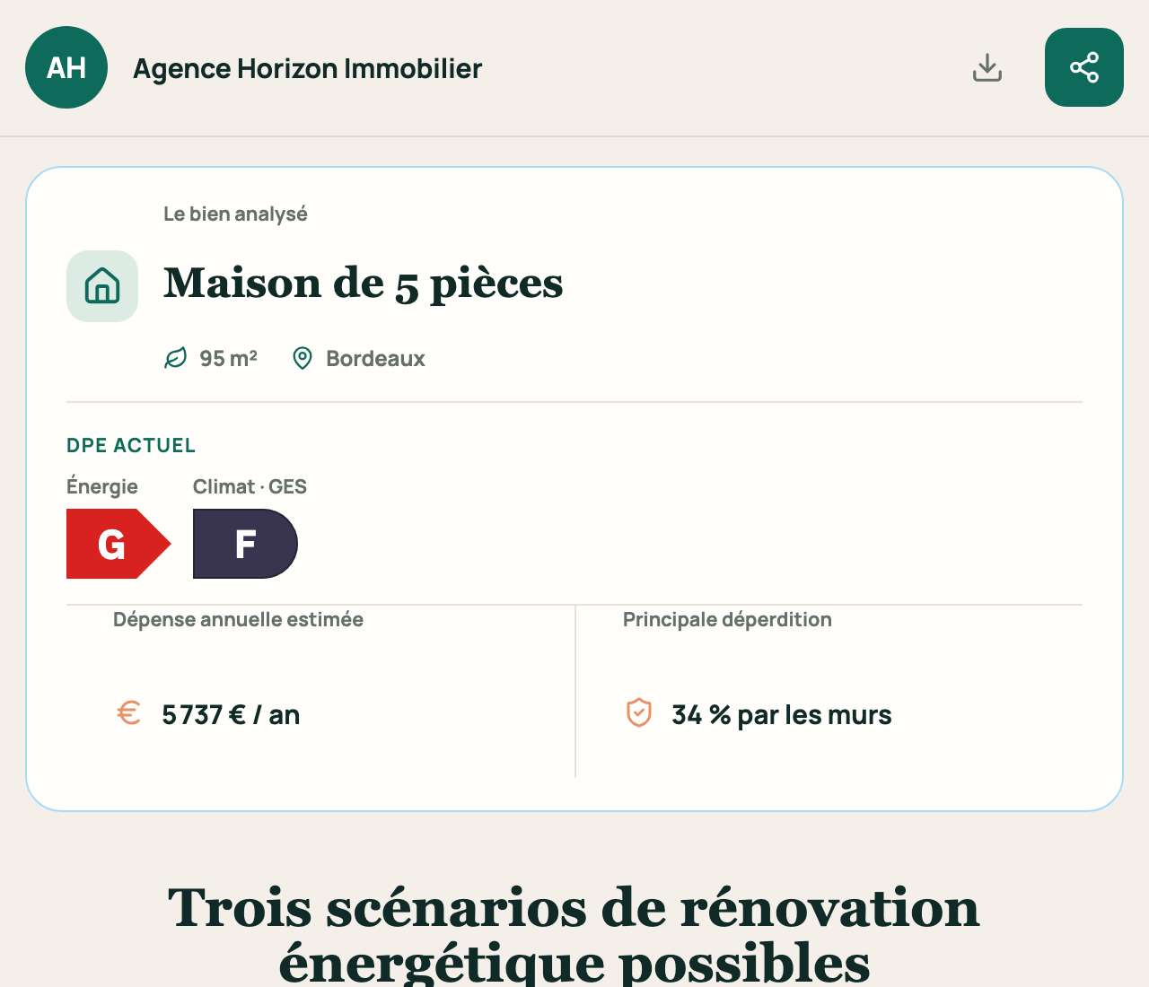 Rapport d’éco-rénovation Beelly affiché dans le logiciel immobilier : bien analysé et scénarios de rénovation